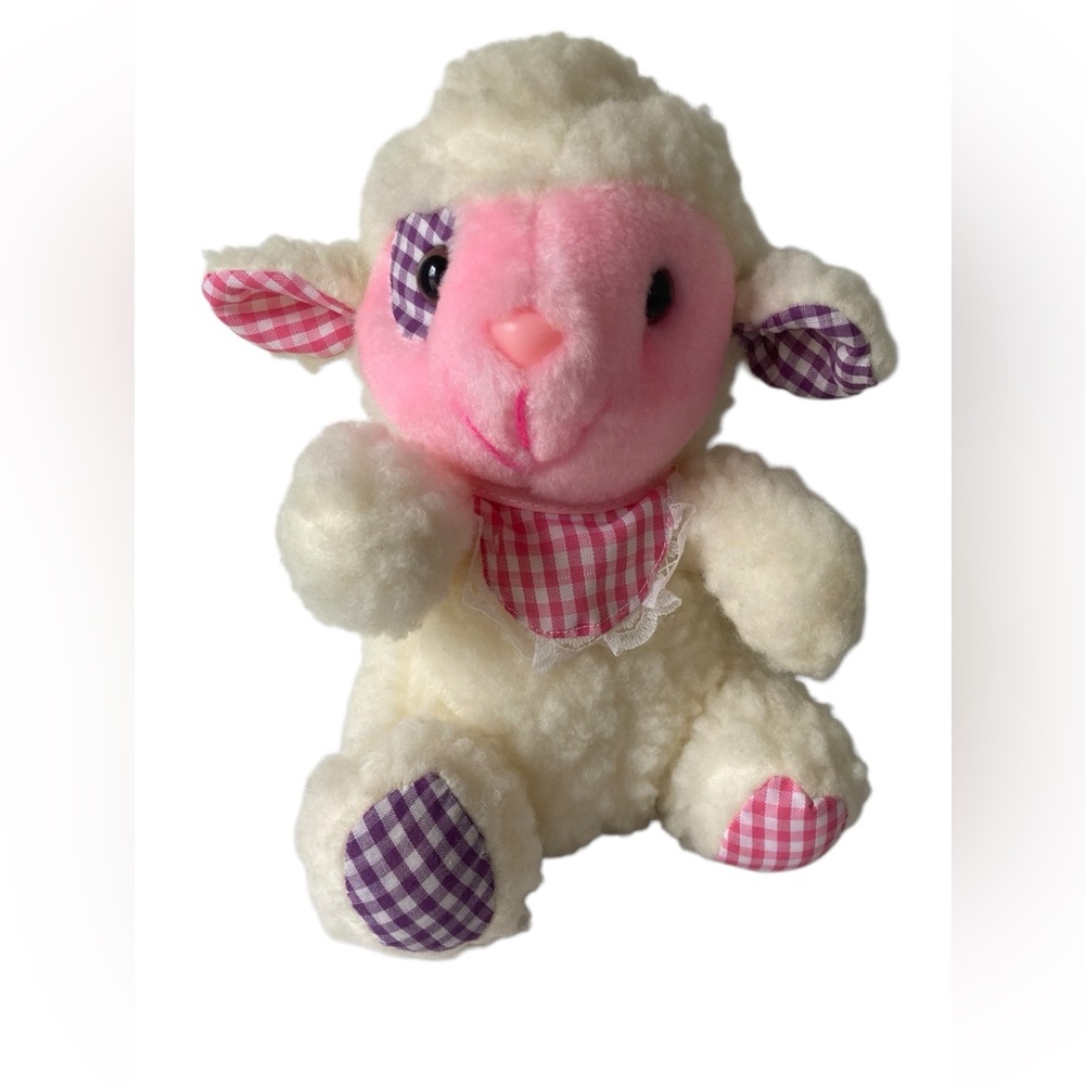 VTG Happy Mates Cream Lamb Sheep 9" Plush Purple Pink Patchwork Plaid